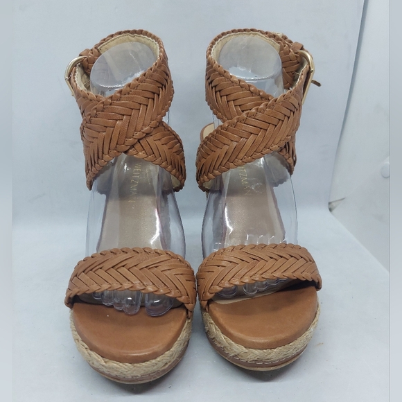 Stuart Weitzman Elixir Braided Leather Wedge Sandals Tan Brown Womens Size 8.5M - Picture 4 of 14